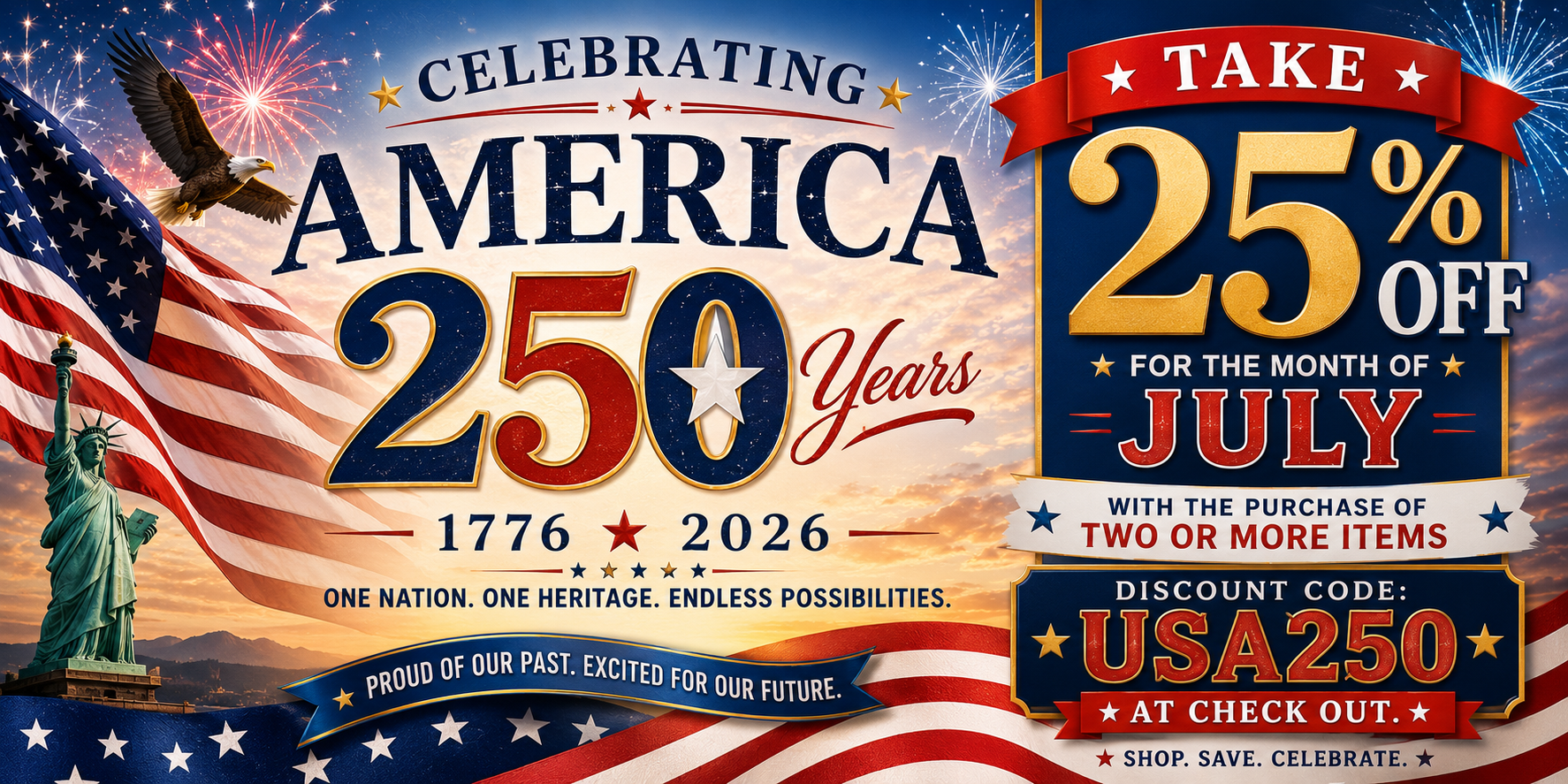 Celebrating America 250 Years 25% OFF two or more items Use Discount Code USA250.